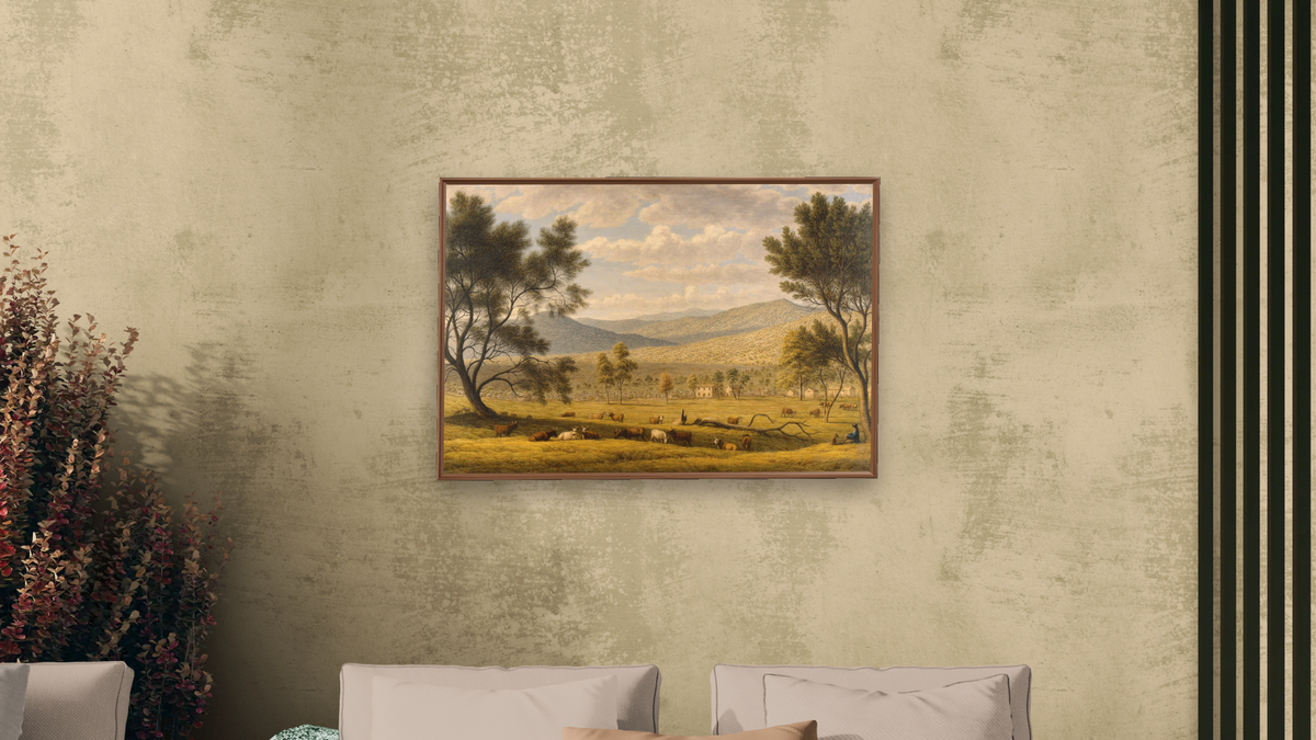 Patterdale farm by John Glover, shown at 28 × 42 in (71.1 × 106.7 cm) on canvas in Arber Warm Walnut, living