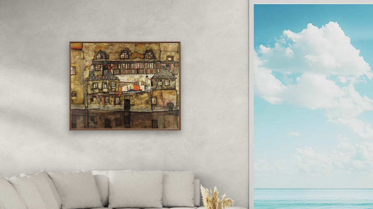 House Wall on the River by Egon Schiele, shown at 32 × 40 in (81.3 × 101.6 cm) on canvas in Arber Warm Walnut, living