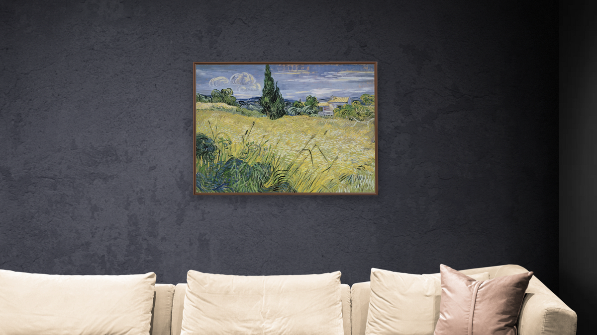 Landscape with Green Corn by Vincent van Gogh, shown at 32 × 40 in (81.3 × 101.6 cm) on canvas in Arber Warm Walnut, living
