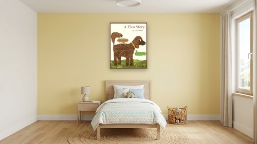 A Flea Story (cover) by Leo Lionni, shown at 32 × 40 in (81.3 × 101.6 cm) on canvas in Arber Warm Walnut, kids' room [arteriel-render:v6:room_a:32x40@50,32]