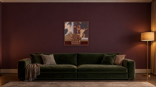 A Story to Tell by Dobee Snowber, shown at 32 × 32 in (81.3 × 81.3 cm) on canvas in Arber Warm Walnut, den [arteriel-render:v6:room_a:32x32@49,38]
