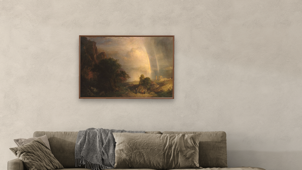 The Aegean Sea by Frederic Edwin Church, shown at 28 × 42 in (71.1 × 106.7 cm) on canvas in Arber Warm Walnut, living
