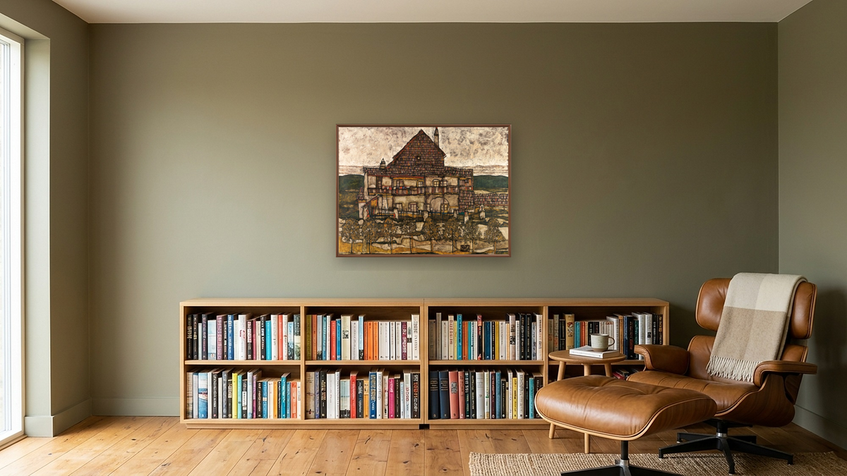 House with Shingle Roof (Old House II) by Egon Schiele, shown at 30 × 40 in (76.2 × 101.6 cm) on canvas in Arber Warm Walnut, library