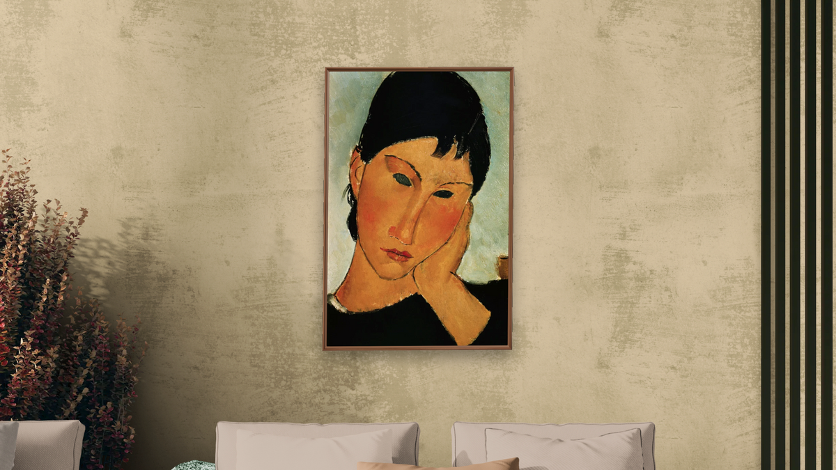 Detail of Female Head from Elvira Resting at a Table by Amedeo Modigliani, shown at 28 × 42 in (71.1 × 106.7 cm) on canvas in Arber Warm Walnut, living
