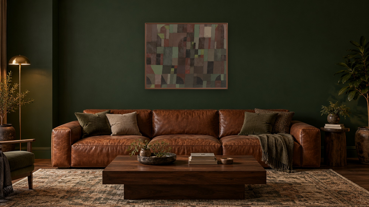 Red/Green Architecture (yellow/violet gradation) by Paul Klee, shown at 32 × 40 in (81.3 × 101.6 cm) on canvas in Arber Warm Walnut, den