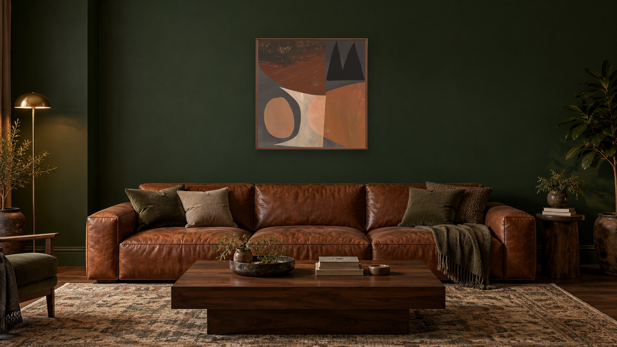 Banquette by Dan Hobday, shown at 32 × 32 in (81.3 × 81.3 cm) on canvas in Arber Warm Walnut, den