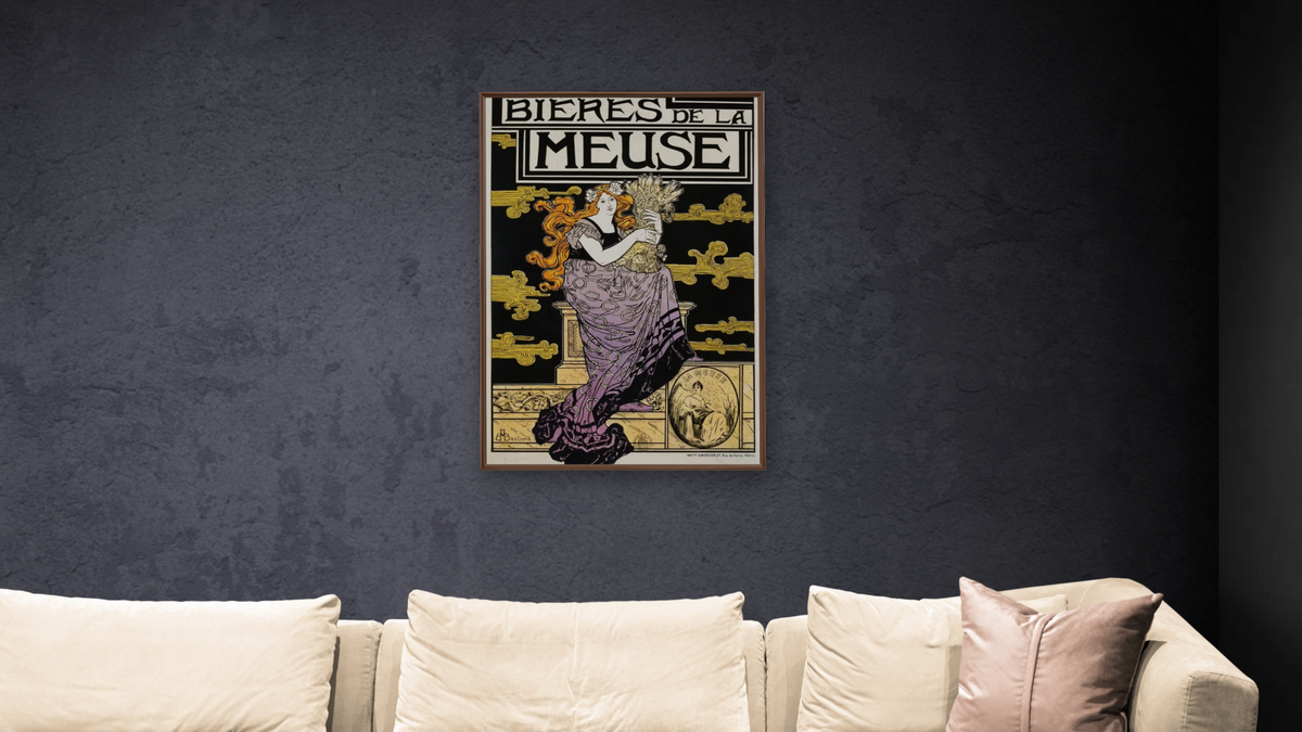 Bieres de la Meuse Poster by Marc-Auguste Bastard, shown at 28 × 42 in (71.1 × 106.7 cm) on canvas in Arber Warm Walnut, living