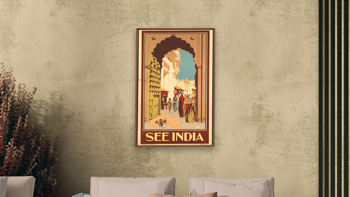 BPL Travel Posters, shown at 28 × 42 in (71.1 × 106.7 cm) on canvas in Arber Warm Walnut, living