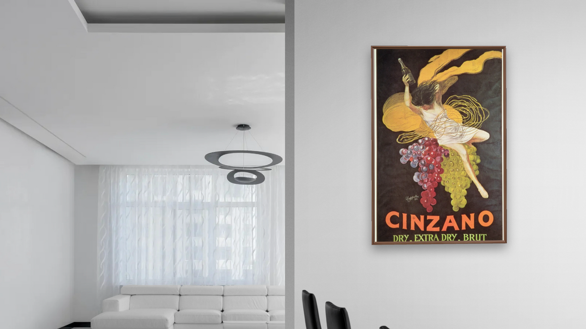 Cinzano Dry _ Extra Dry _ Brut advertisment poster by Leonetto Cappiello, shown at 28 × 42 in (71.1 × 106.7 cm) on canvas in Arber Warm Walnut, dining
