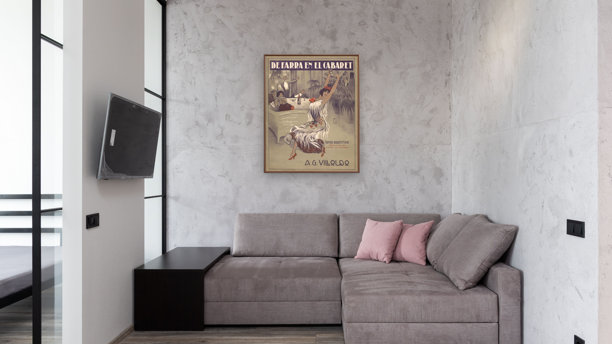 De Farra en el Cabaret Tango Sheet Music Cover, shown at 32 × 40 in (81.3 × 101.6 cm) on canvas in Arber Warm Walnut, media room