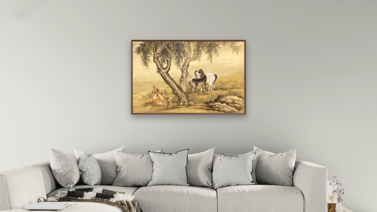 Album of Birds and Animals (Horses) by Shen Nanpin, shown at 28 × 42 in (71.1 × 106.7 cm) on canvas in Arber Warm Walnut, living