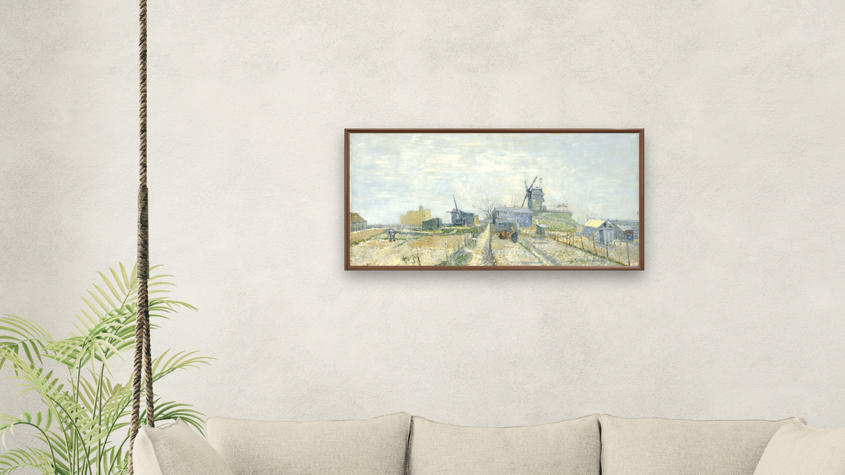Montmartre: mills and vegetable gardens by Vincent van Gogh, shown at 20 × 40 in (50.8 × 101.6 cm) on canvas in Arber Warm Walnut, living