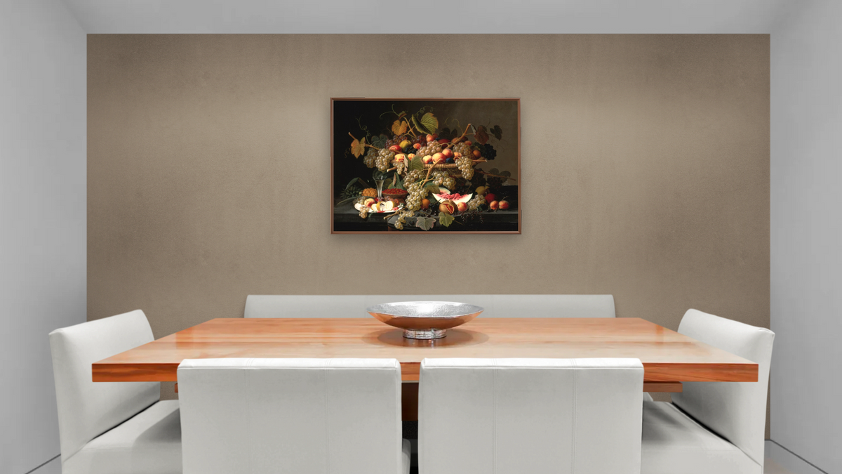 Still Life with Fruit by Severin Roesen, shown at 30 × 40 in (76.2 × 101.6 cm) on canvas in Arber Warm Walnut, dining