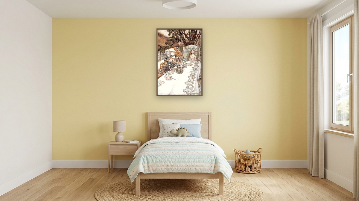 Alice in Wonderland: The Mad Tea Party, shown at 28 × 42 in (71.1 × 106.7 cm) on canvas in Arber Warm Walnut, kids' room