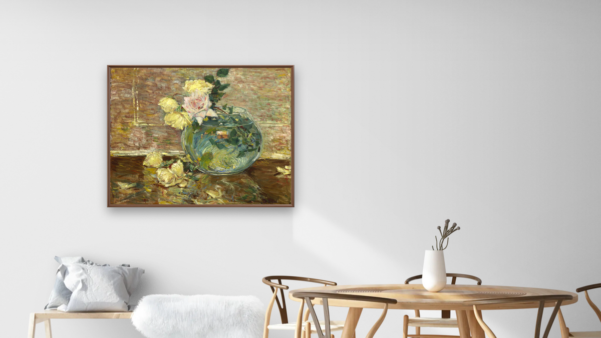 Roses in a Vase by Childe Hassam, shown at 32 × 40 in (81.3 × 101.6 cm) on canvas in Arber Warm Walnut, dining
