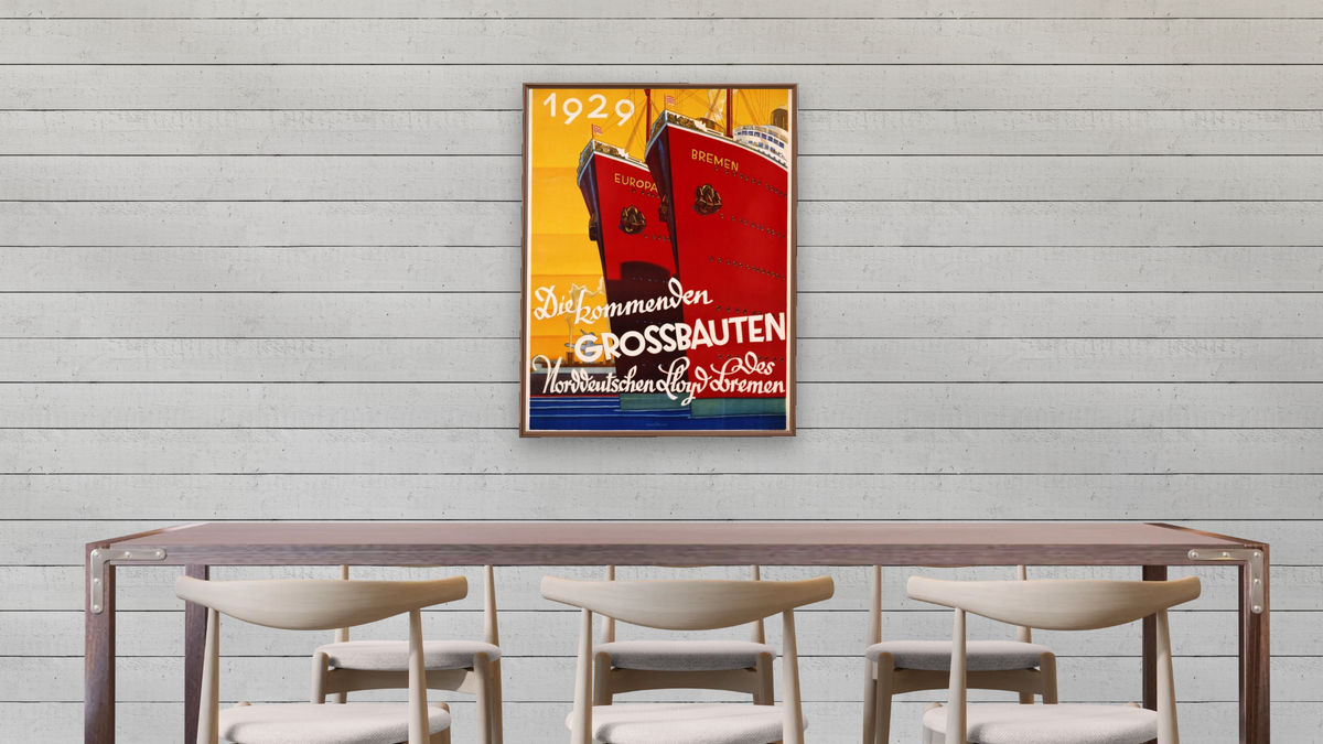 Die Kommenden Grossbauten Poster, shown at 30 × 40 in (76.2 × 101.6 cm) on canvas in Arber Warm Walnut, dining