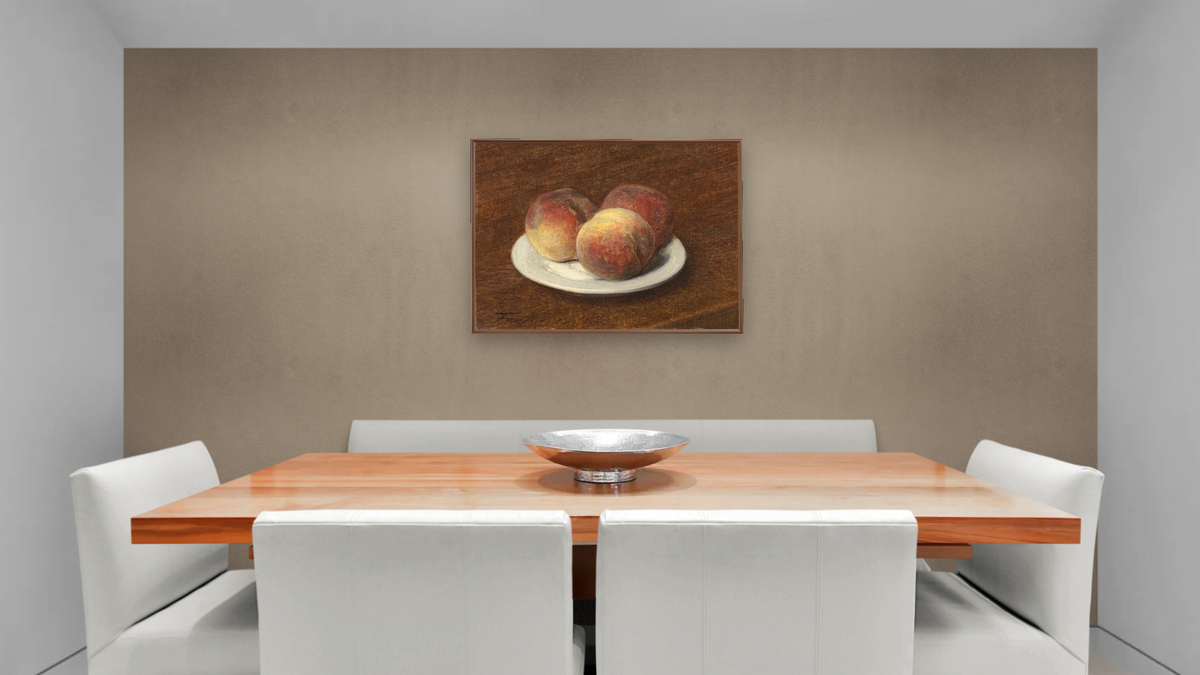 Three Peaches on a Plate by Henri Fantin-Latour, shown at 30 × 40 in (76.2 × 101.6 cm) on canvas in Arber Warm Walnut, dining