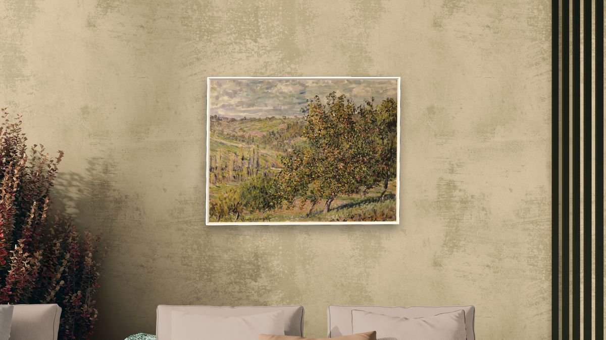 Apple Blossom by Claude Monet, shown at 30 × 40 in (76.2 × 101.6 cm) on canvas in Arber Warm Walnut, living