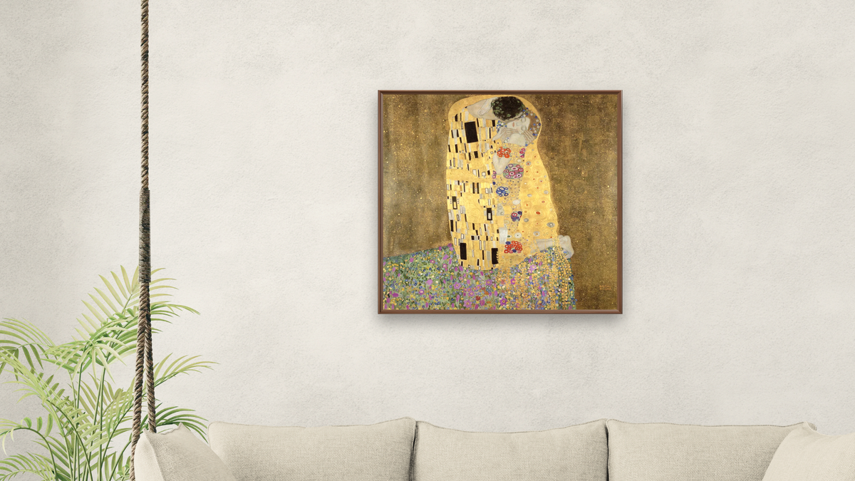 The Kiss by Gustav Klimt, shown at 32 × 32 in (81.3 × 81.3 cm) on canvas in Arber Warm Walnut, living