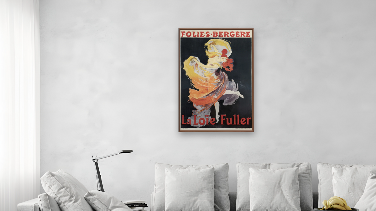 Folies-Bergère / La Loïe Fuller by Jules Chéret, shown at 28 × 42 in (71.1 × 106.7 cm) on canvas in Arber Warm Walnut, living