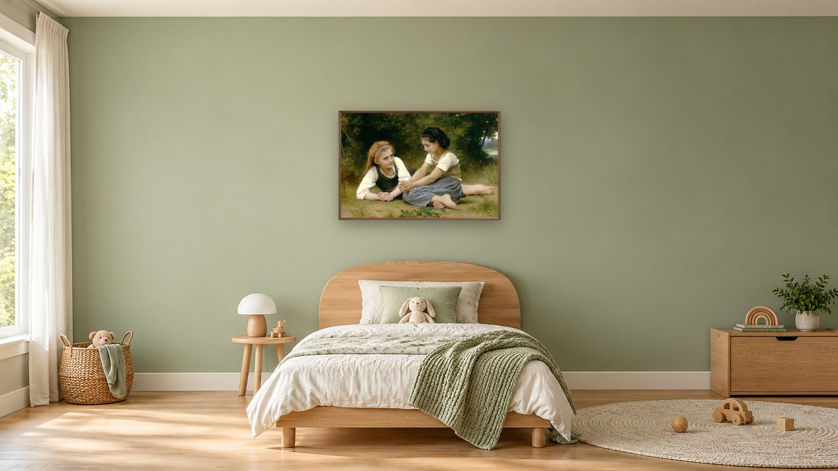 The Nut Gatherers by William-Adolphe Bouguereau, shown at 28 × 42 in (71.1 × 106.7 cm) on canvas in Arber Warm Walnut, kids' room
