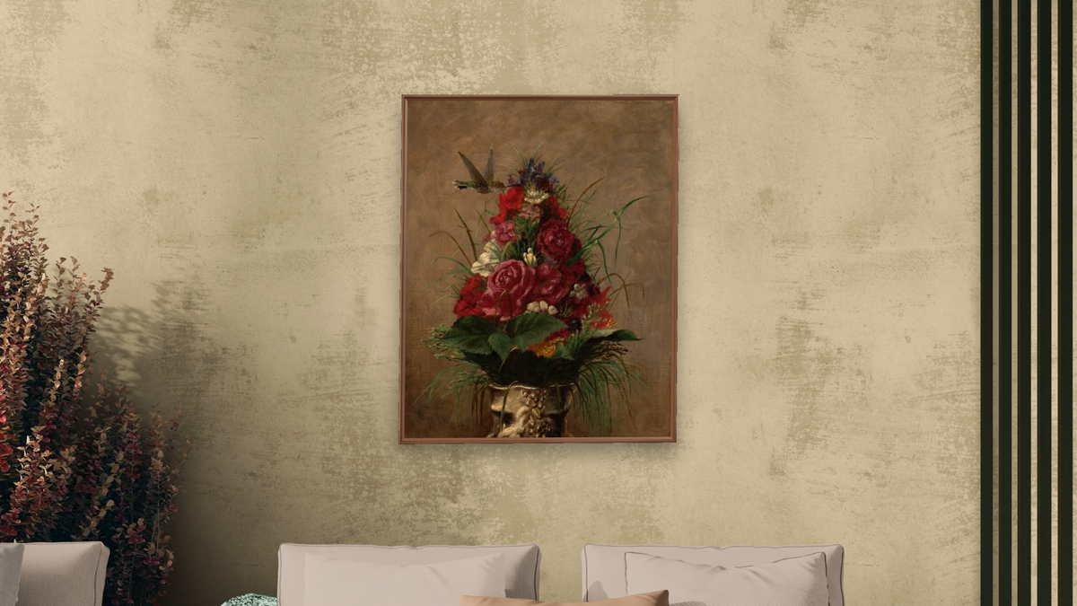 Still Life with Hummingbird by William Merritt Chase, shown at 32 × 40 in (81.3 × 101.6 cm) on canvas in Arber Warm Walnut, living