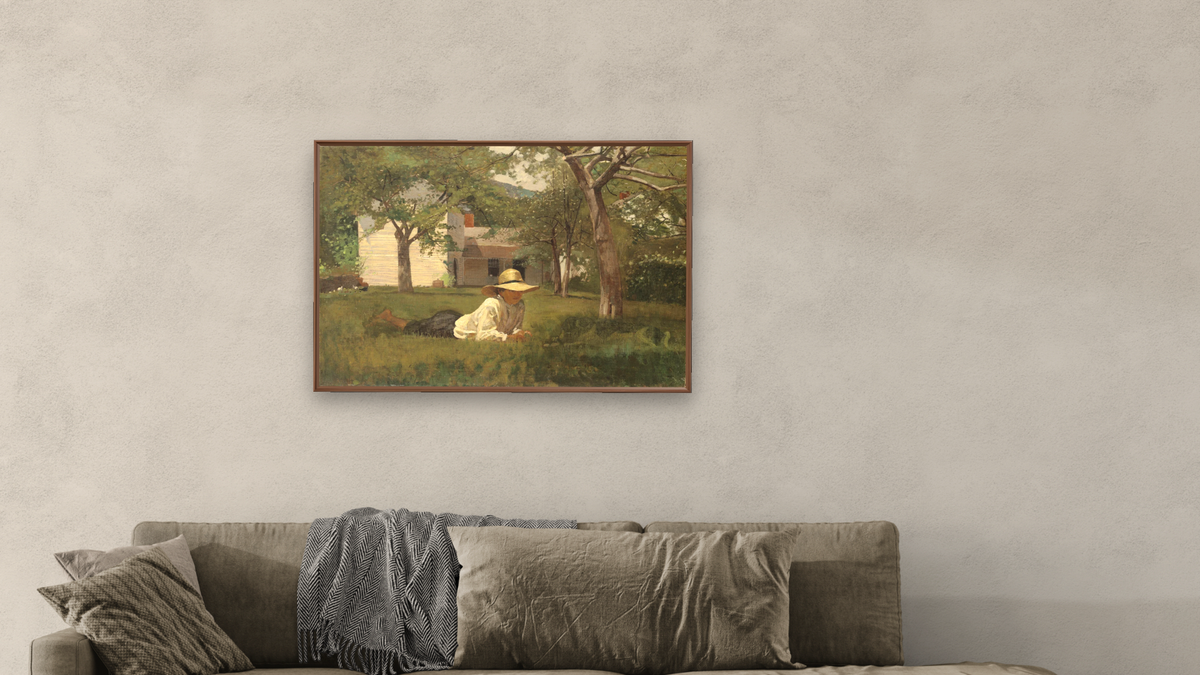 The Nooning by Winslow Homer, shown at 28 × 42 in (71.1 × 106.7 cm) on canvas in Arber Warm Walnut, living