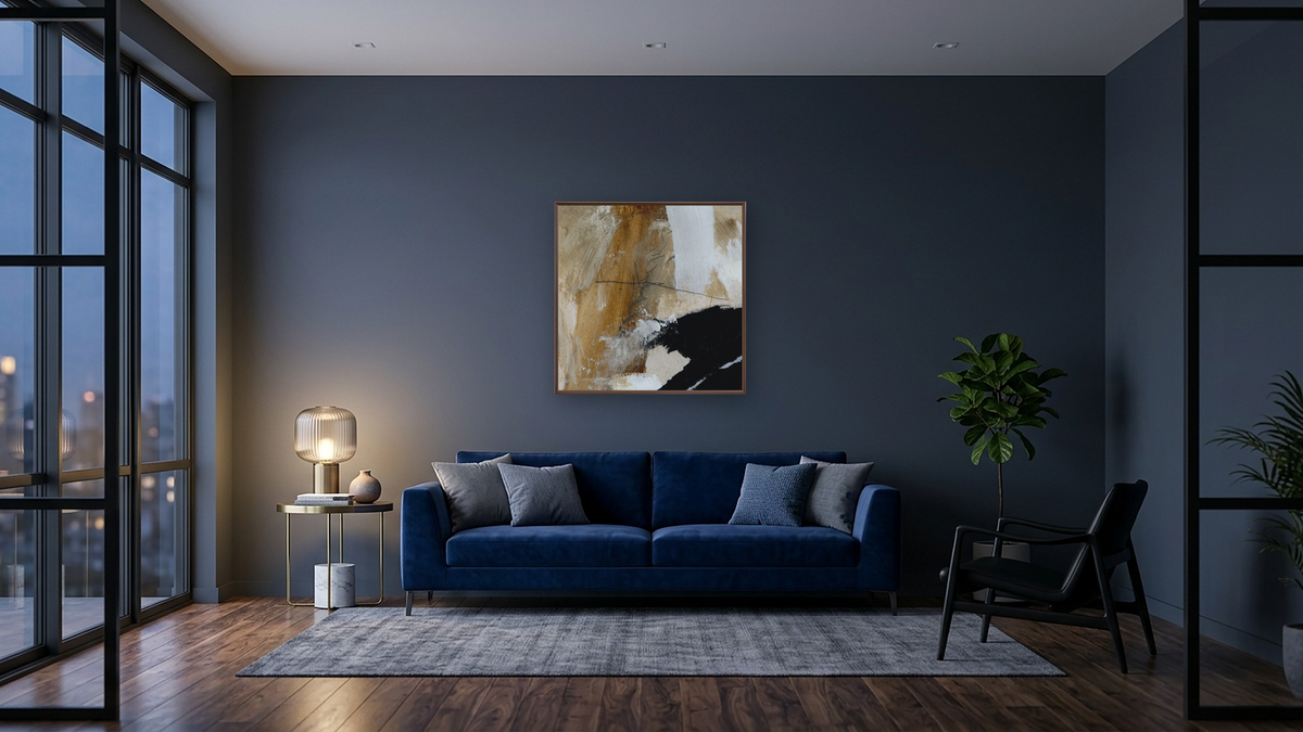 Underneath SQ by Dan Hobday, shown at 32 × 32 in (81.3 × 81.3 cm) on canvas in Arber Warm Walnut, den