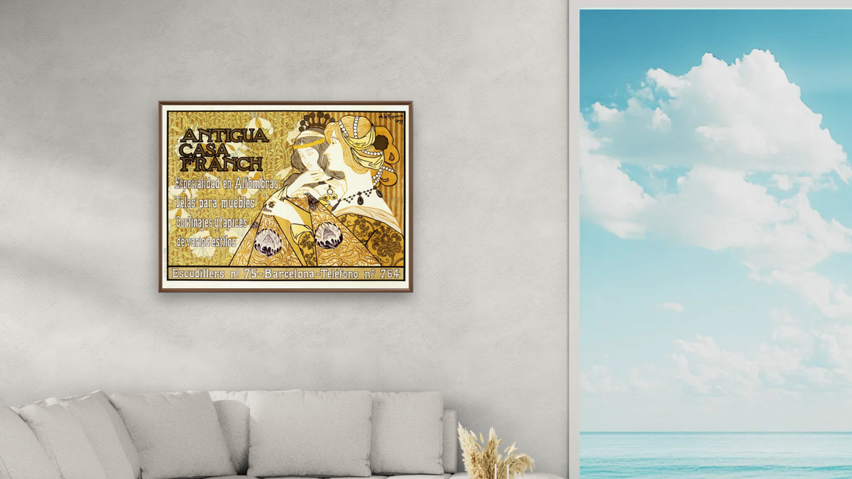 Antigua Casa Franch Poster by Alejandro de Riquer, shown at 30 × 40 in (76.2 × 101.6 cm) on canvas in Arber Warm Walnut, living