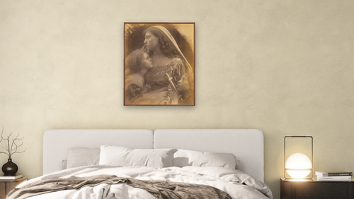 A Holy Family by Julia Margaret Cameron, shown at 32 × 40 in (81.3 × 101.6 cm) on canvas in Arber Warm Walnut, bedroom [arteriel-render:v6:room_a:32x40@45,32]