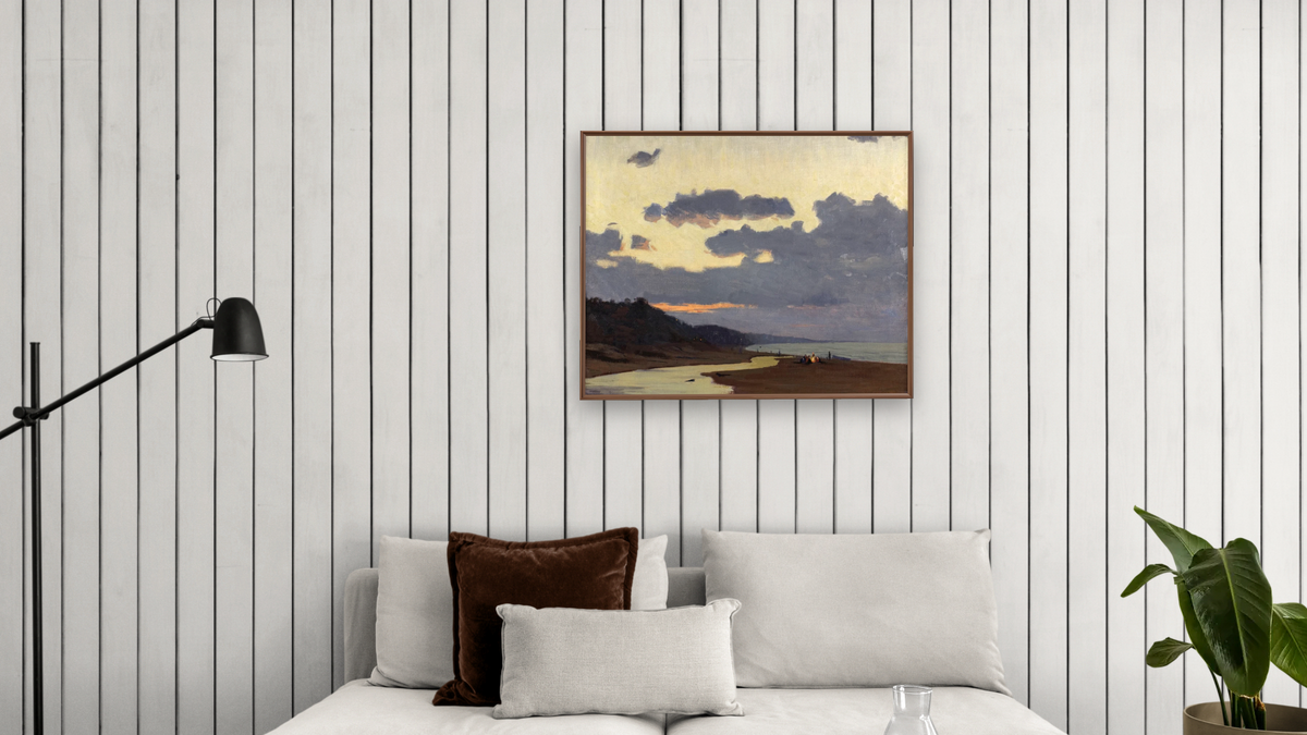 A Stormy Evening by Frank V. Dudley, shown at 32 × 40 in (81.3 × 101.6 cm) on canvas in Arber Warm Walnut, living