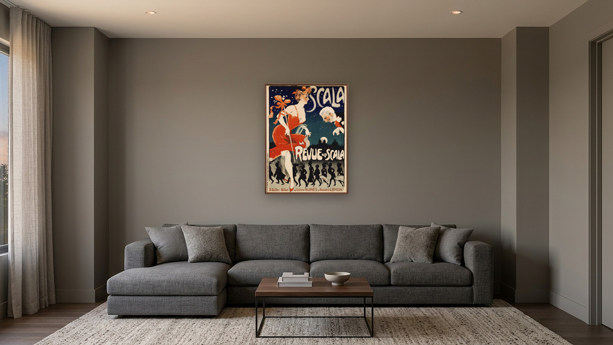 Scala, La Revue de la Scala by Jules Alexander Grun, shown at 30 × 40 in (76.2 × 101.6 cm) on canvas in Arber Warm Walnut, media room