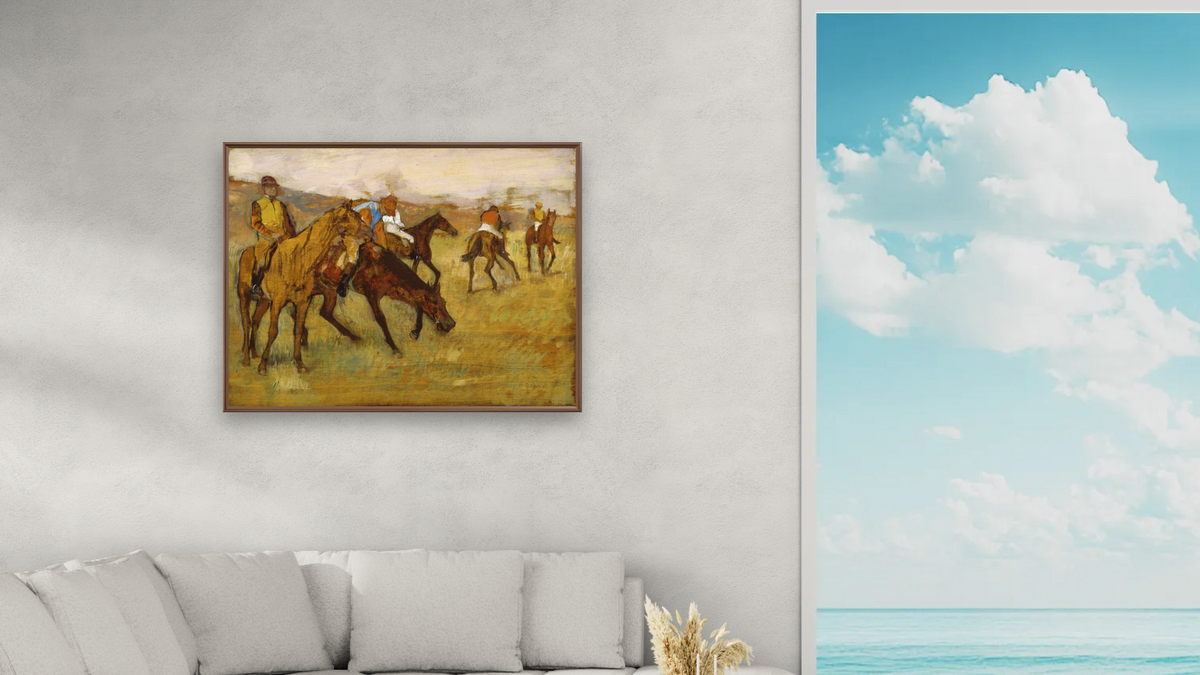 Before the Race by Edgar Degas, shown at 30 × 40 in (76.2 × 101.6 cm) on canvas in Arber Warm Walnut, living