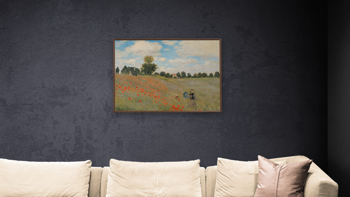 Wild Poppies, near Argenteuil (Les Coquelicots: environs d'Argenteuil) by Claude Monet, shown at 30 × 40 in (76.2 × 101.6 cm) on canvas in Arber Warm Walnut, living
