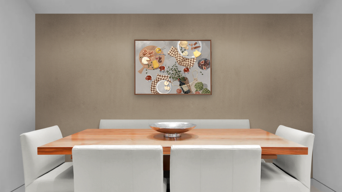 The Stories We Share Over a Glass, or Two by Catherine Gerke, shown at 30 × 40 in (76.2 × 101.6 cm) on canvas in Arber Warm Walnut, dining