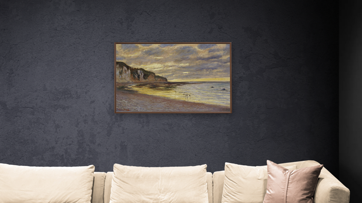 Pointe De Lailly, Maree Basse by Claude Monet, shown at 28 × 42 in (71.1 × 106.7 cm) on canvas in Arber Warm Walnut, living