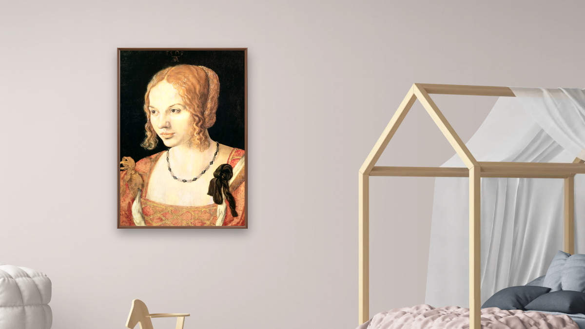 Young Venetian Woman by Albrecht Dürer, shown at 28 × 42 in (71.1 × 106.7 cm) on canvas in Arber Warm Walnut, bedroom