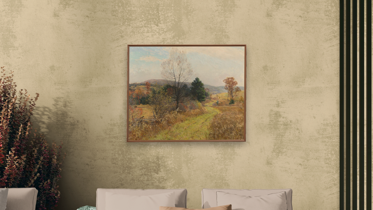 Late Autumn by Willard LeRoy Metcalf, shown at 32 × 40 in (81.3 × 101.6 cm) on canvas in Arber Warm Walnut, living