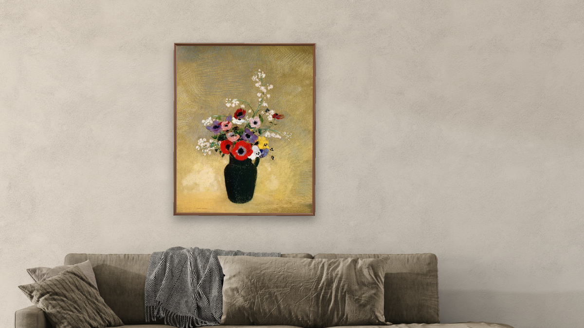 Large Green Vase with Mixed Flowers by Odilon Redon, shown at 32 × 40 in (81.3 × 101.6 cm) on canvas in Arber Warm Walnut, living