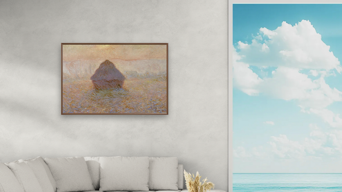 Grainstack, Sun in the Mist by Claude Monet, shown at 28 × 42 in (71.1 × 106.7 cm) on canvas in Arber Warm Walnut, living
