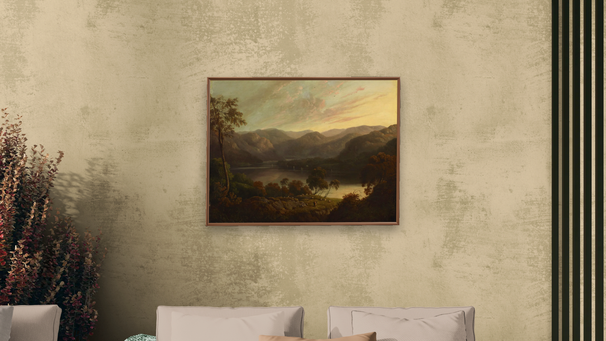 Landscape view in Cumberland by John Glover, shown at 30 × 40 in (76.2 × 101.6 cm) on canvas in Arber Warm Walnut, living