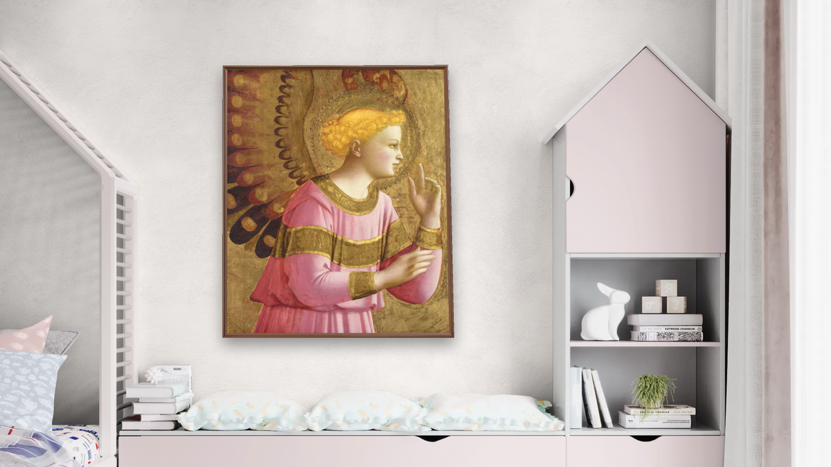 Annunciatory Angel by Fra Angelico, shown at 32 × 40 in (81.3 × 101.6 cm) on canvas in Arber Warm Walnut, bedroom