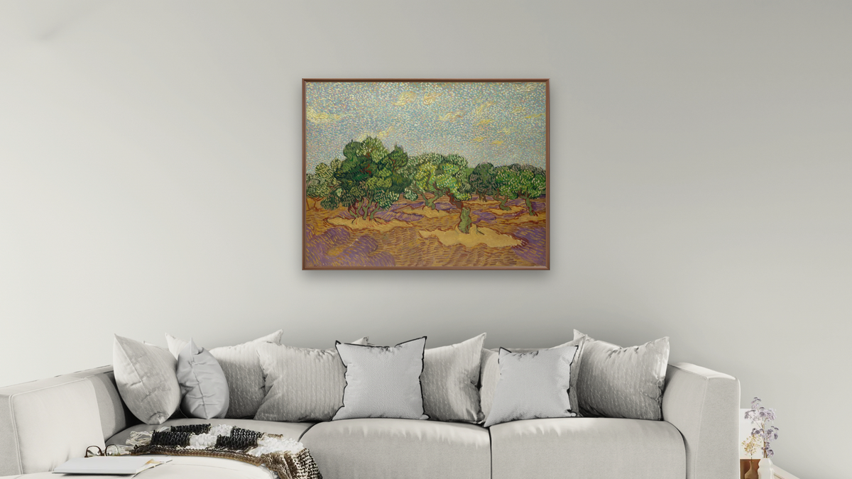 Olive Trees by Vincent van Gogh, shown at 32 × 40 in (81.3 × 101.6 cm) on canvas in Arber Warm Walnut, living