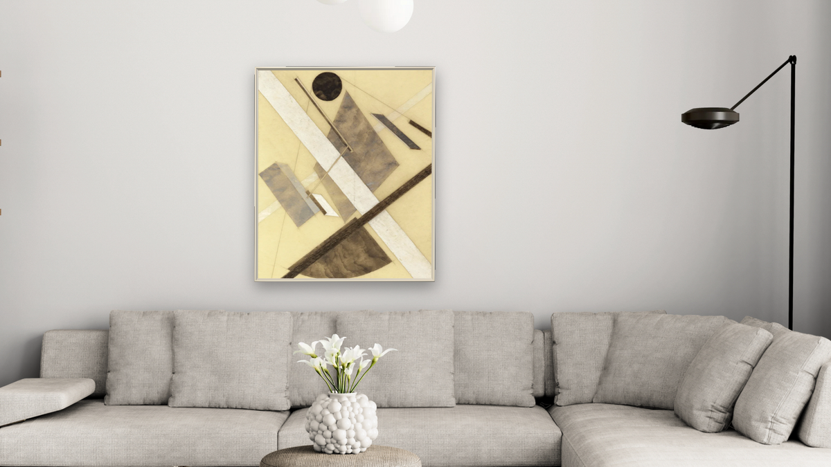 Proun: Path of Energy and Dynamic Flows by El Lissitzky, shown at 32 × 40 in (81.3 × 101.6 cm) on canvas in Ramino Opaque White, living