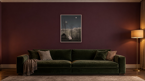 A Carnival Evening by Henri Rousseau, shown at 30 × 40 in (76.2 × 101.6 cm) on canvas in Ramino Opaque White, den [arteriel-render:v6:room_a:30x40@49,35]