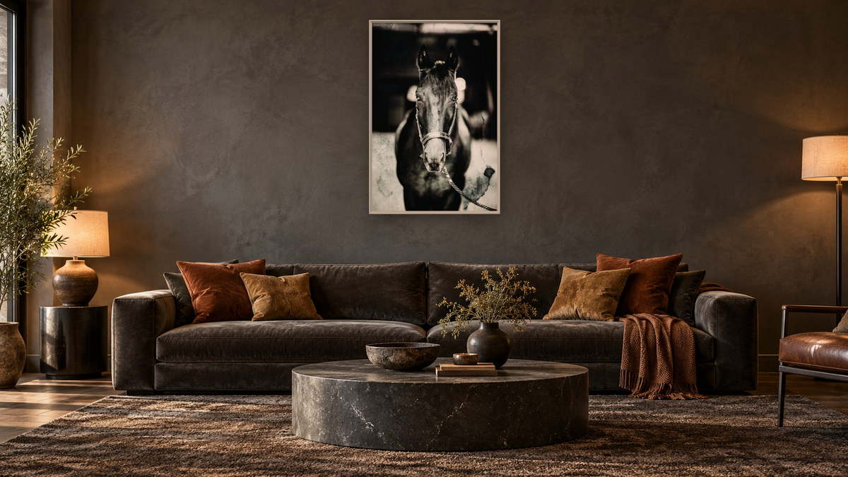 Sunday Blues by Brandon Luther, shown at 28 × 42 in (71.1 × 106.7 cm) on canvas in Ramino Opaque White, den