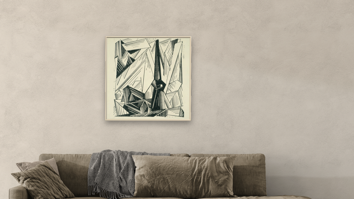 Gelmeroda by Lyonel Feininger, shown at 32 × 32 in (81.3 × 81.3 cm) on canvas in Ramino Opaque White, living