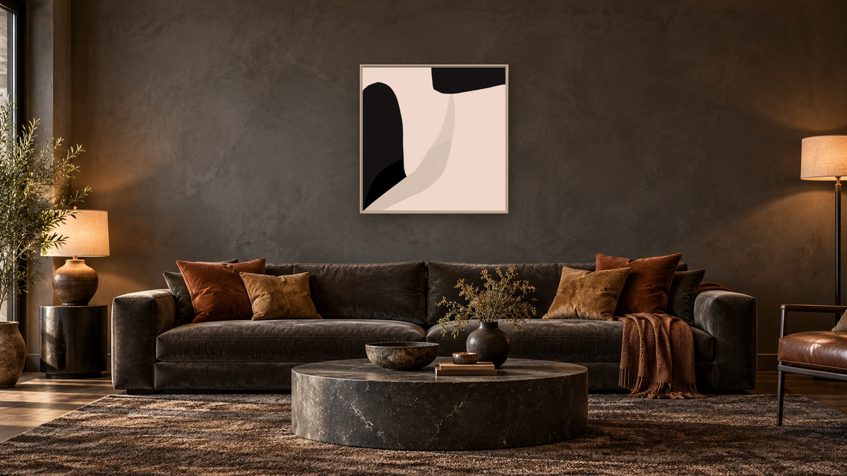 Minimal Shapes 1 by Dan Hobday, shown at 32 × 32 in (81.3 × 81.3 cm) on canvas in Ramino Opaque White, den