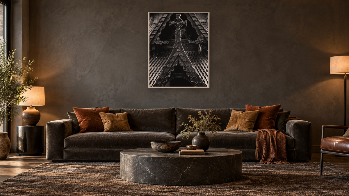 Stave Church #3 by Gordon Osmundson, shown at 32 × 40 in (81.3 × 101.6 cm) on canvas in Ramino Opaque White, den