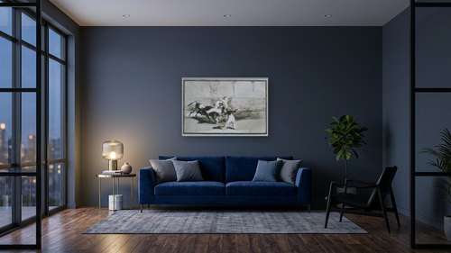 A Moor Caught by the Bull... from La Tauromaquia by Francisco José de Goya, shown at 28 × 42 in (71.1 × 106.7 cm) on canvas in Ramino Opaque White, den [arteriel-render:v6:room_a:28x42@50,42]